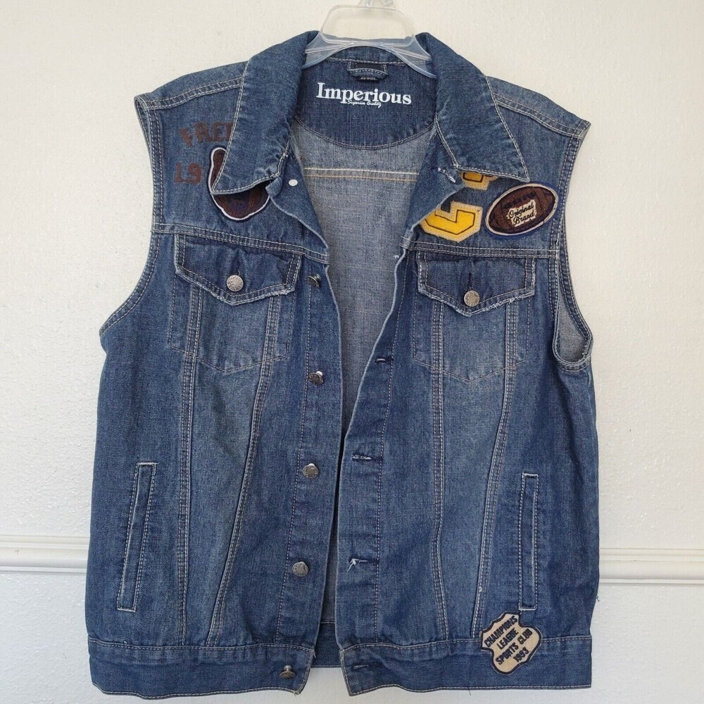 Imperious Denim Vest Womens Large Blue Varsity Patch Collegiate Bear Football